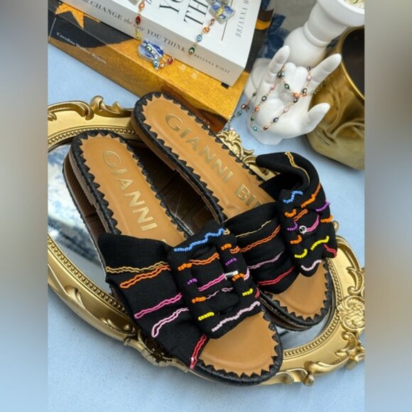 🆕 GIANNI BINI 🧿 NWOB JaxsonTwo Black & Rainbow Striped Linen Slide Sandal, Sz6 - Picture 9 of 15